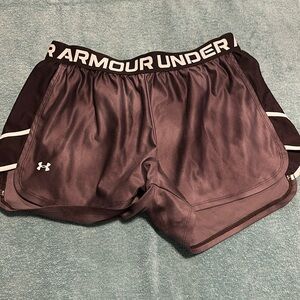 Under Armour athletic shorts. Size large, loose. Black, grey, and white.